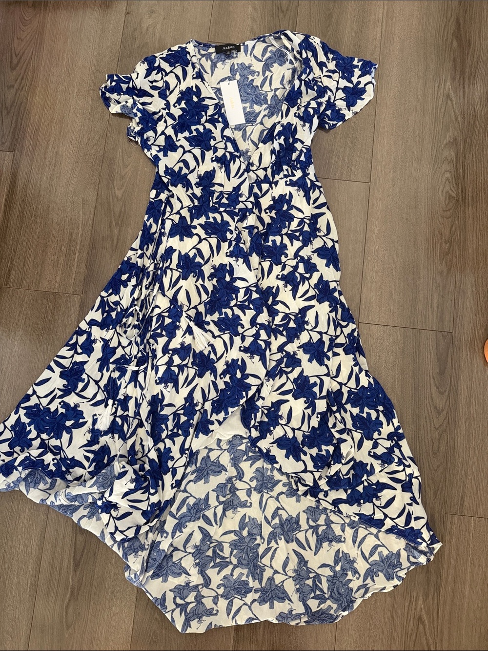 NWT Aakaa White Dress with Royal Blue Floral Print